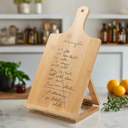 Bamboo cookbook stand/easel with your treasured handwritten recipe or note.