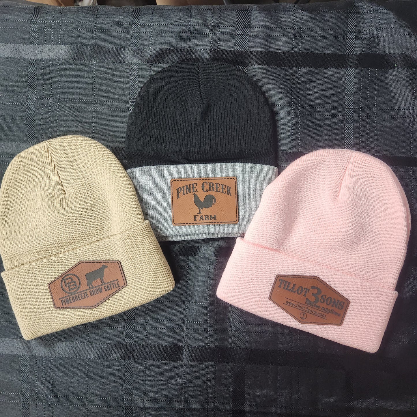 Sportsman Knit Beanie hat with laser engraved leatherette patch with farm animal image 3