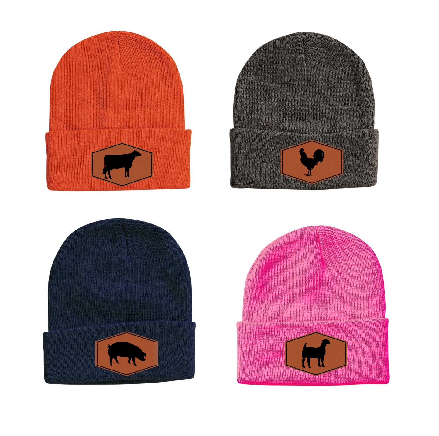 Sportsman Knit Beanie hat with laser engraved leatherette patch with farm animal image 0