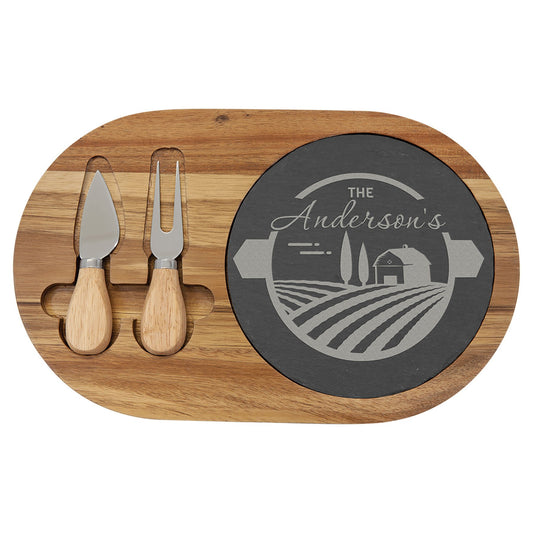 Acacia Wood/Slate Oval Cheese Set with Two Tools - SLT087